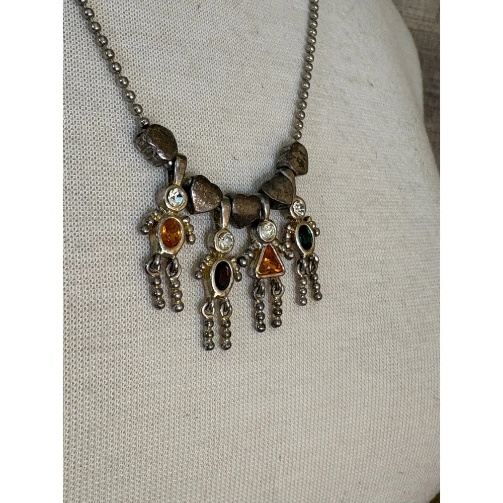 Vintage Silver Tone Ball Chain Necklace with Four Multi-Stone People Charms 22